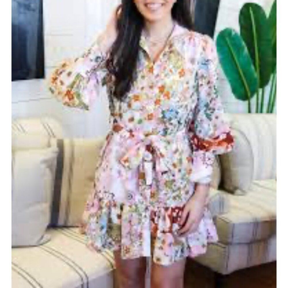 Shein Women Floral Garden Ruffle Hem Long Sleeve Shirt Dress Size XL